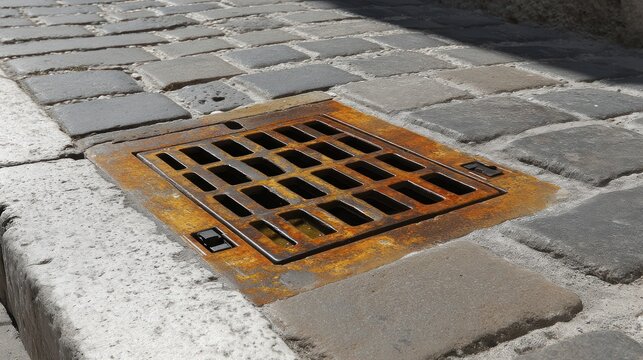 Rusty Drain Cover Embedded in Crooked Stone Street