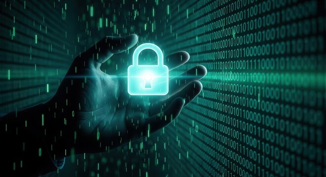 Digital security lock over binary code pattern with glowing light emphasis