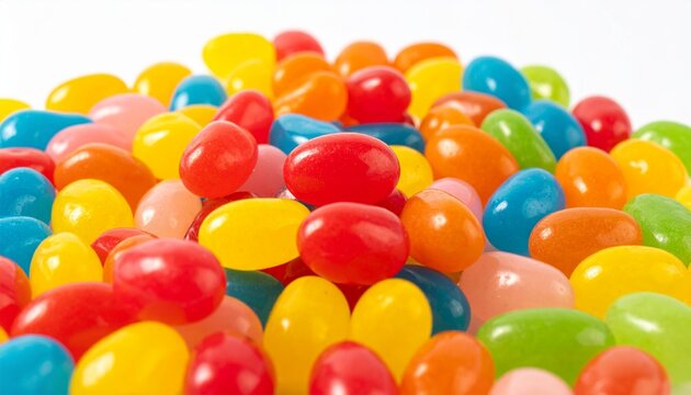 Colorful jelly beans scattered composition, isolated on pure white background, vibrant candy photography