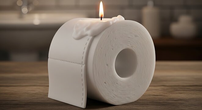 Lit candle rests atop a roll of white absorbent material on a wooden surface