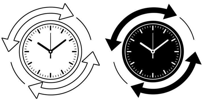Time management concept circular clock icons with rotating arrows in positive and negative space