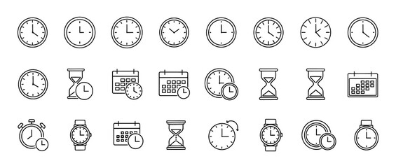 Obraz premium Time management icons set clocks hourglasses and timers in linear style for business concepts
