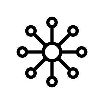 Black and white radial network icon a central hub with eight connections