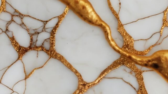 The natural white marble's cracking pattern is filled with flowing, sparkling liquid gold, creating a unique and artistic design.