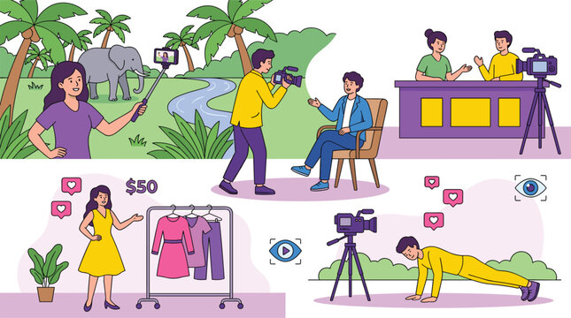 Collection of people creating digital content including travel vlogging outdoor interviewing news broadcasting fashion selling and fitness streaming