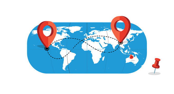 Conceptual world map illustration featuring two large red location pins connected by a dashed travel line and extra push pins for global planning.