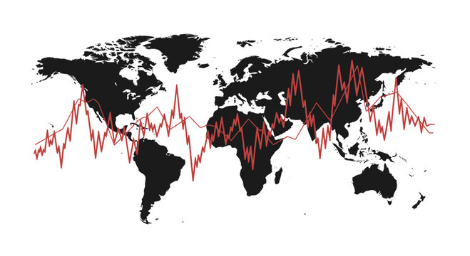 Global Economy Analysis with Red Line Chart Over World Map
