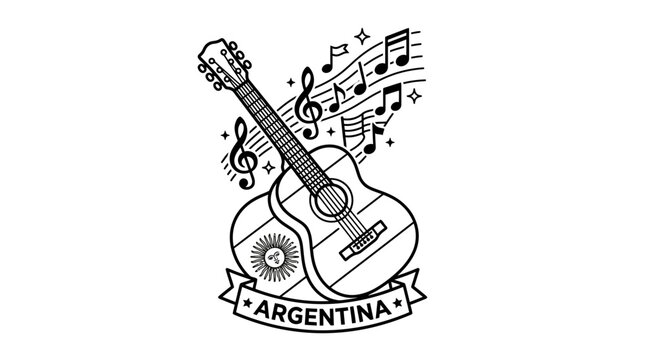 Acoustic guitar illustration with Argentine flag symbol and musical notes.