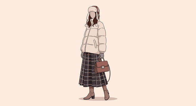 Woman wearing stylish winter apparel featuring beige puffer jacket over plaid skirt with boots and hat in flat illustration style.