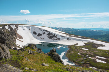 Scenic sunlit landscape with alpine lake in rocky snowy cirque near stone hill top during thaw. Ice floats in mountain lake among rocks and snows with view to forest mountain range under cloudy sky. © Daniil