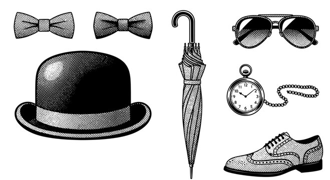Vintage Gentleman's Accessories: Bow Ties, Hat, Umbrella, Sunglasses, Watch, Shoes