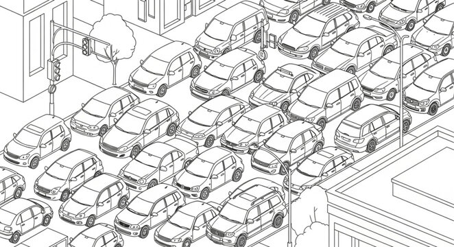 Busy City Street With Many Cars In Traffic Jam Illustration.