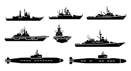Naval Fleet Silhouettes: Warships, Aircraft Carrier, Submarines, Frigate, Destroyer © oka