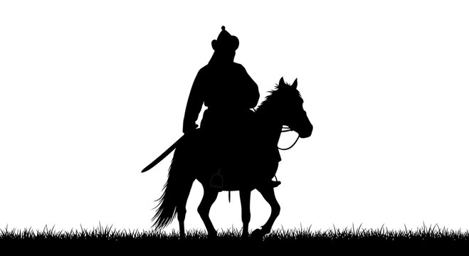 Traditional warrior with sword riding horse silhouette
