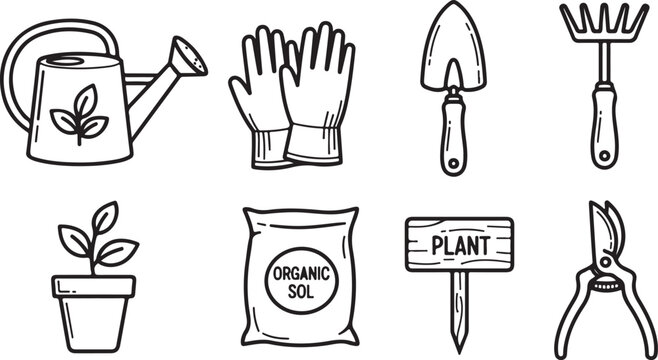 Set of icons for gardening and plants care tools and items vector Vector