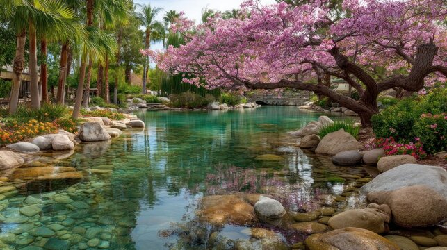 Tranquil Crystal Clear Water Garden with Pink Blossom Tree and Rocky Stream