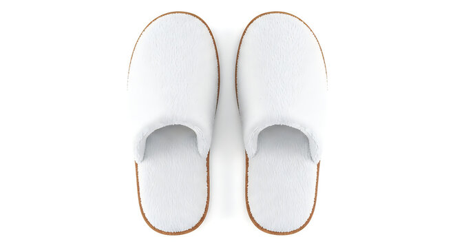 A pair of white slippers with brown trim on a white background