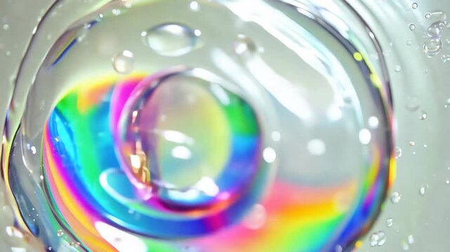 Close-up sequence of colorful soap bubbles forming and bursting in water, showcasing reflections and light refractions in a bright, soft-focus environment