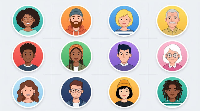Collection of diverse cartoon user profile avatars in circles.
