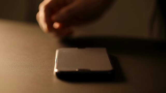 Fingertip touching smartphone screen close up, hand placing mobile table, hand holding smartphone warm low light touch serene