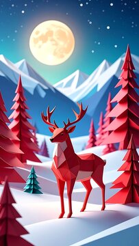 Red Deer in Snowy Mountain Landscape.