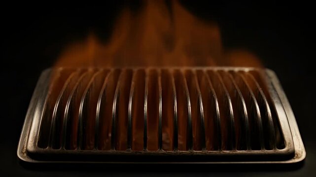 Flame stainless steel grill tray with glowing heat and dramatic orange fire. stainless grill grate closeup with orange flame