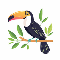 Naklejka premium Illustration of a Toucan perched on a branch with green leaves