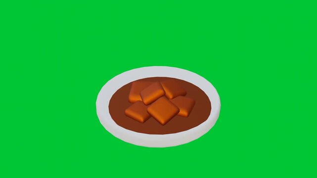 3D Rotating Indonesian Beef Rendang Curry on Plate Green Screen