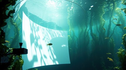 Fototapeta premium Submerged tunnel exhibits marine life. Sunlight filters through water, illuminating fish, plants, bubbles. Curved acrylic structure creates viewing space.