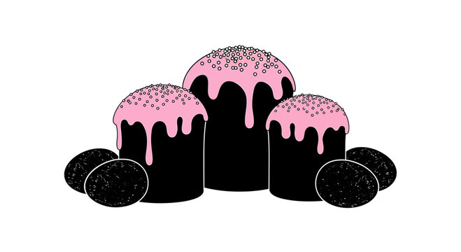 Modern easter cakes with pink icing and dark textured eggs