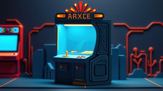 Stylized arcade cabinets illuminate dark space. Bright blue glow emanates from screens, accented by red piping. Minimalist design creates futuristic vibe.