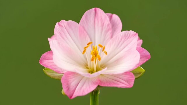 Pink flower blossom with delicate petals and golden stamen close up pink bud emerging from green sepals soft green background