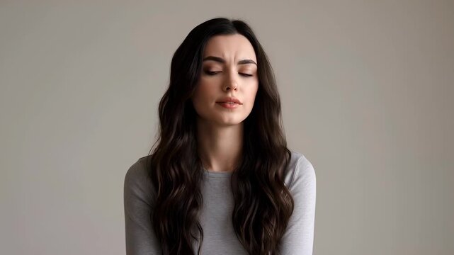 Young woman with long dark hair worried expression portrait looking aside and down thoughtfully with soft neutral studio lighting