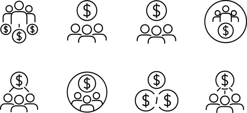 Finance and Money Distribution Icon Set Featuring Dollar Symbols, Groups, and Investments for Websites, Apps, and Digital Media