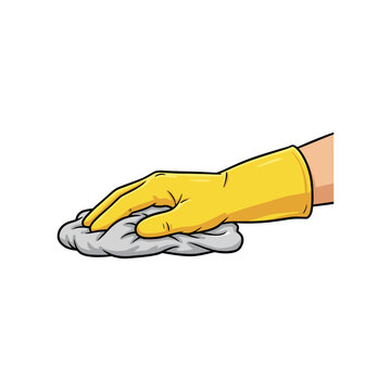 Hand in yellow rubber glove wiping surface with a grey cloth
