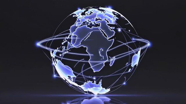 Global network connections visualized through a rotating blue globe with illuminated lines representing data flow across continents and oceans in a dark background setting