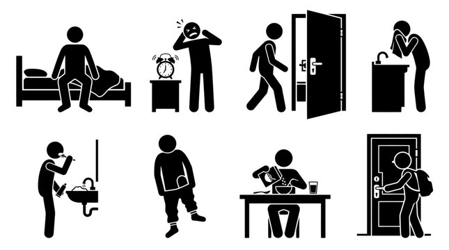 Black silhouette icons of daily human activities.