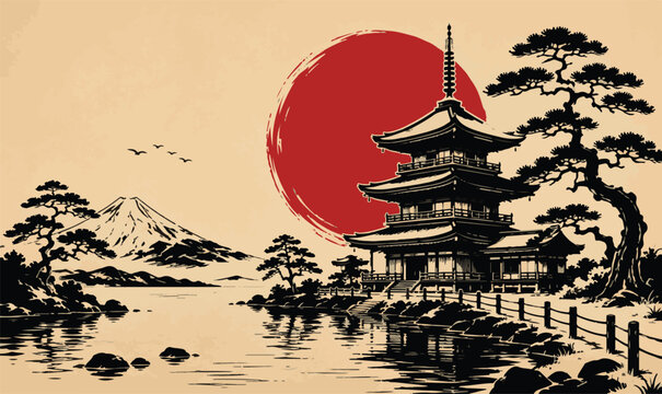 Vintage Japanese Vector Art with Pagoda Temple, Mount Fuji and Red Sun, Traditional Sumi-e Style Landscape Illustration on Parchment Background for Zen and Cultural Design Projects