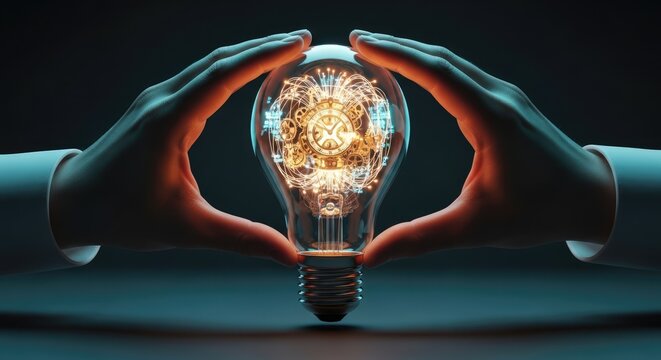 Hands protecting light bulb with glowing clock gears inside