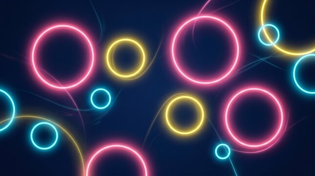 Vibrant abstract background with glowing neon circles in pink, yellow, and blue, interconnected by subtle wavy light trails on a dark backdrop.