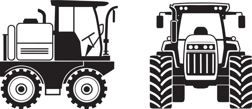 Agriculture machinery icons showing side and front views of heavy duty farm tractor for field work.