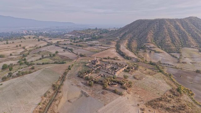 Drone flying over the ruins of ex hacienda de caxcantla in puebla, mexico