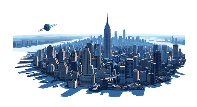 Modern city skyline with skyscrapers and planetary orbit