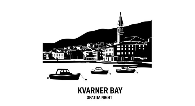 Mediterranean coastal town silhouette with harbor and boats