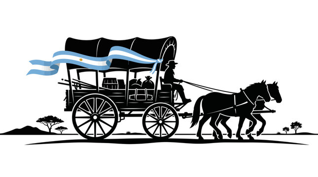 Silhouette of a traditional horse drawn carriage with an Argentine flag ribbon.