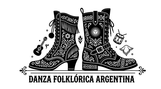 Decorative Argentine Folklore Dance Boots Illustration with Musical Elements.