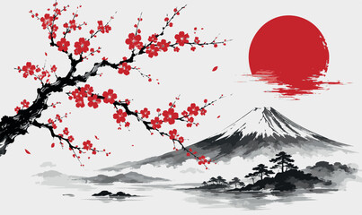 Traditional Japanese Sumi-e Style Vector Illustration of Mount Fuji with a Red Sun and Blooming Cherry Blossom Branch Sakura Landscape with Zen Oriental Ink Wash Art Background Design. © Sadek