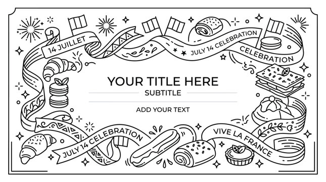 Hand drawn doodle frame with French pastry and celebration elements.