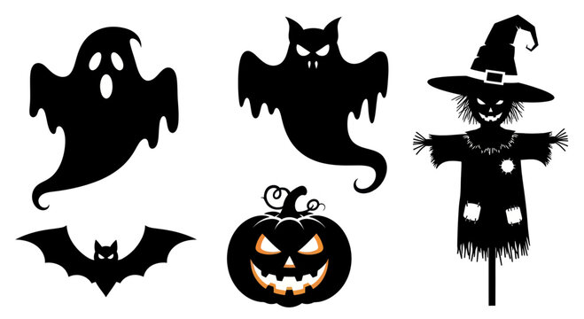 Halloween Silhouettes: Ghost, Bat, Pumpkin, Scarecrow, and Monster