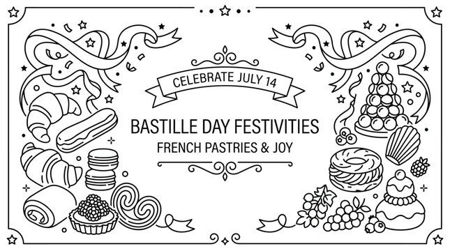 Hand drawn Bastille Day festive banner with French pastries.